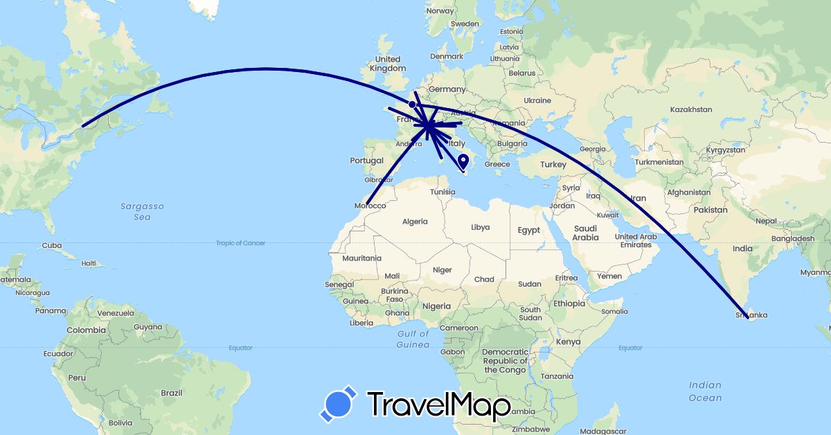 TravelMap itinerary: driving in Canada, Switzerland, Germany, France, Italy, Sri Lanka, Morocco, Slovenia (Africa, Asia, Europe, North America)